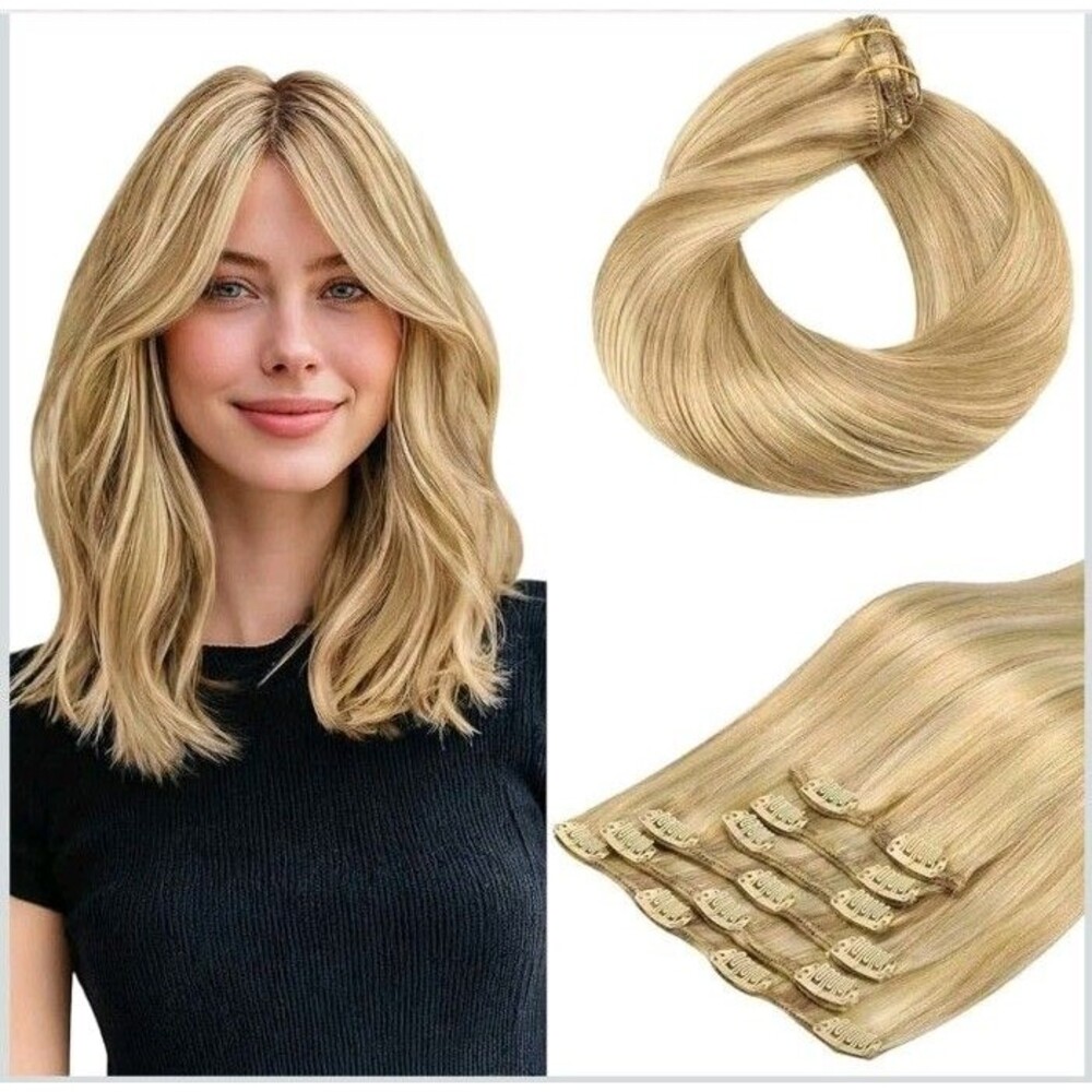 HOTBANANA 14" Clip-in Hair Extensions, 7pcs, P16/22A Ash Blonde